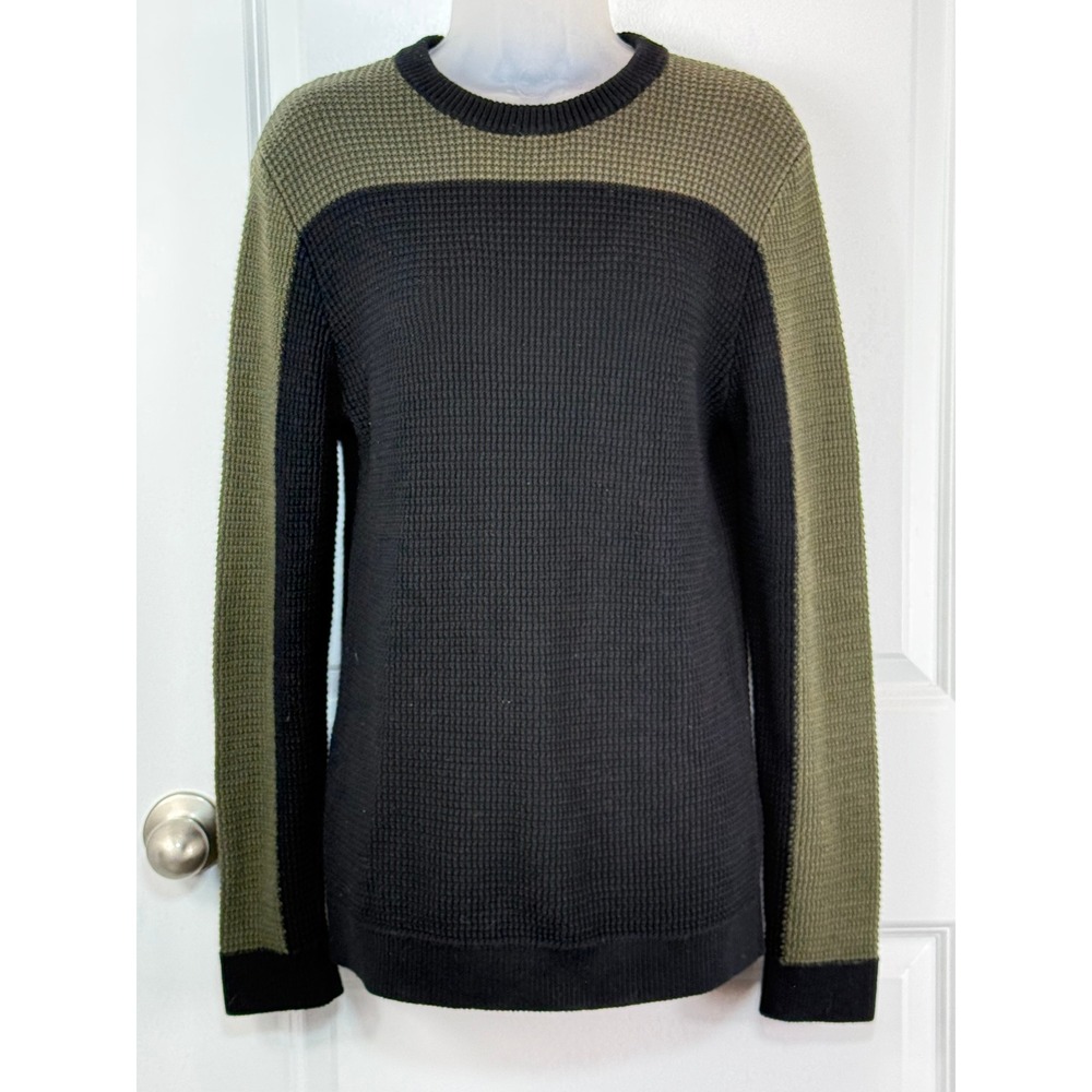H&M Colorblock Waffle Knit Crewneck Sweater Olive Green Black Small‎ Textured S